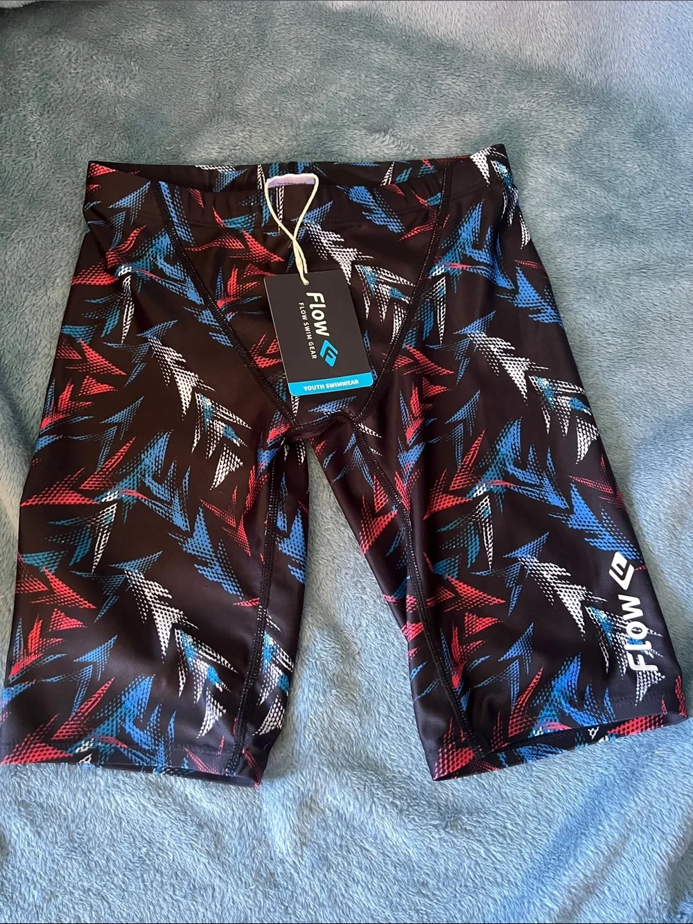 Flow Kids' Black Swim Trunks with Red, Blue & White Pattern